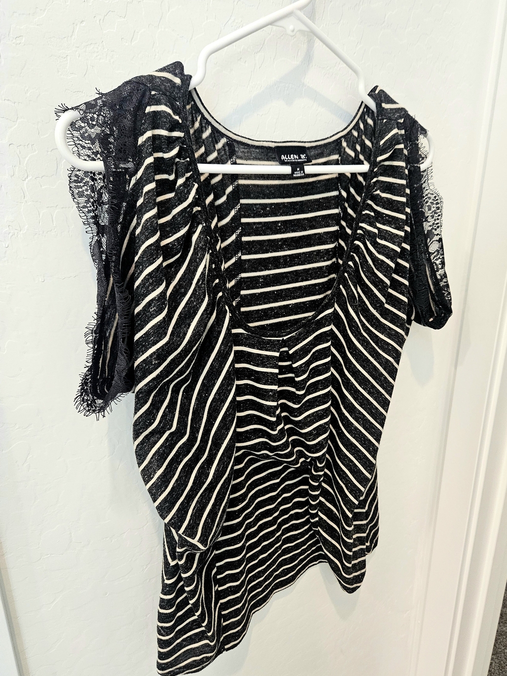 Blue & White Striped Lace Cold Shoulder Sleeve Women's Top